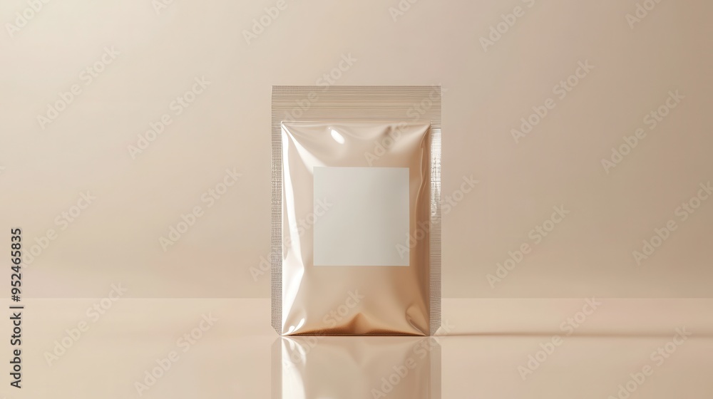 Poster clean and minimalist mockup of rectangular plastic pouch with blank label on light background for br