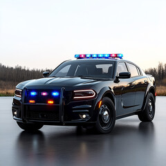 A black police car with blue lights on the front