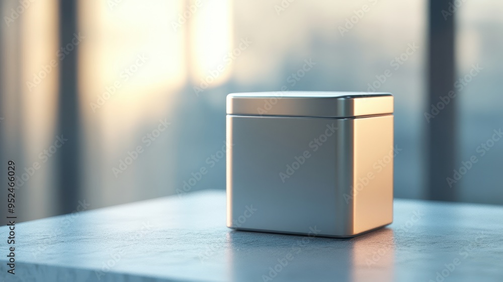 Poster minimalist square metal container mockup with customizable blank label in soft lighting
