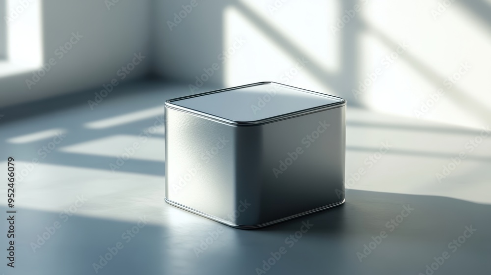 Poster minimalist square metal container mockup with customizable blank label in soft lighting
