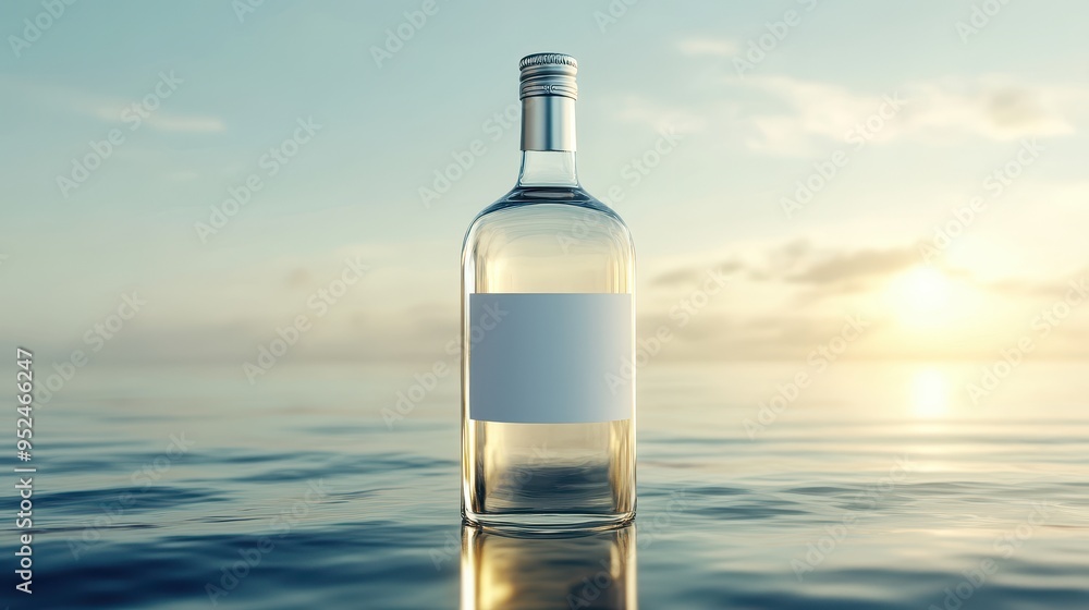 Poster glass bottle mockup with blank label in 3d space with soft lighting and reflections