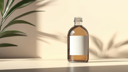 Elegant Glass Bottle Mockup with Blank Label in 3D Space with Soft Lighting and Reflections