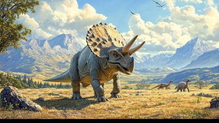 Fototapeta premium A Triceratops grazing in an open field, with mountains in the background and other dinosaurs in the distance