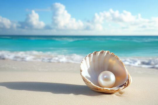 pearl on shell in a beach generated by AI