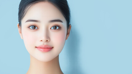 Fototapeta premium Korean woman caring for her skin, slim face, large eyes, smiling, head turned 45 degrees to the right, showcasing natural beauty and self-care in a cinematic style