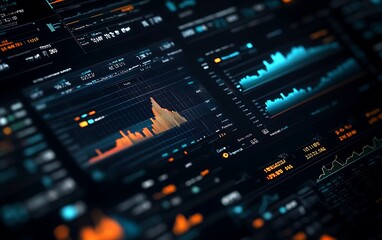 Close-up Photo of a Digital Financial Dashboard with Upward Trend Graphs and Glowing Elements