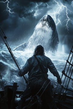A dramatic depiction of Captain Ahab facing the mighty Moby Dick amidst a violent storm, symbolizing man's obsessive struggle against nature in the classic literary tale.