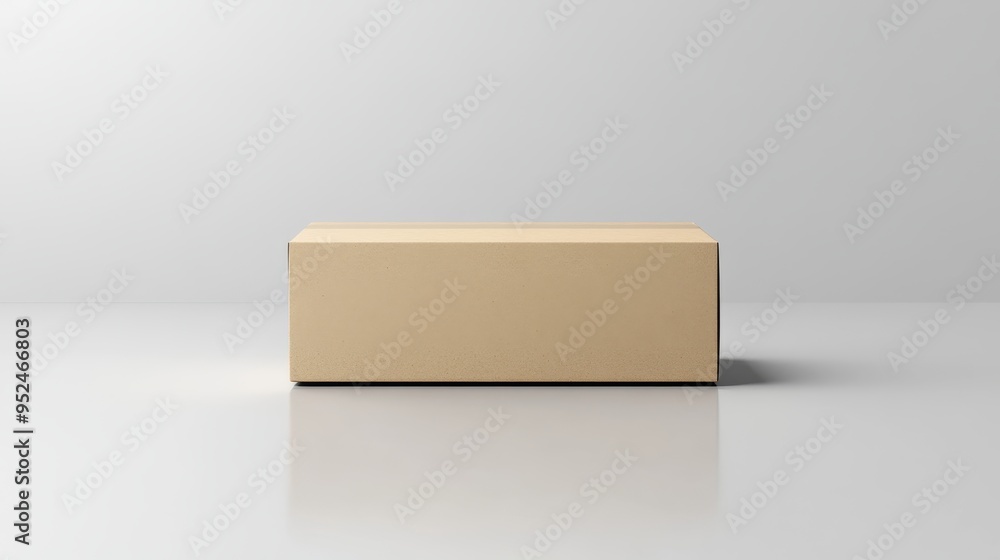 Poster realistic mockup of rectangular cardboard box with blank label on light gray background