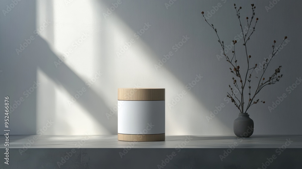 Aufkleber modern cylindrical product container mockup with blank label in minimalist setting and soft lighting