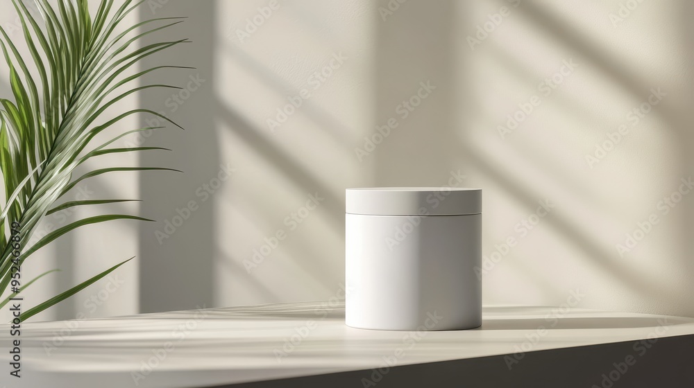 Poster modern mockup of cylindrical product container with blank label in minimalist setting