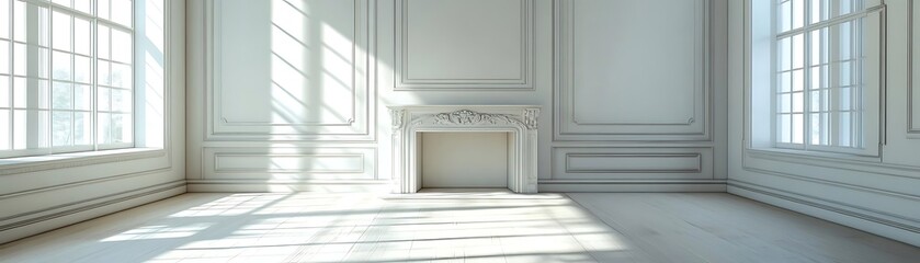 White Room with Fireplace and Windows - 3D Illustration