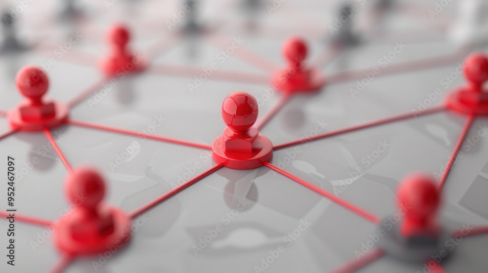 Poster red and gray user icons interconnected on a white backdrop, symbolizing social connections within a 