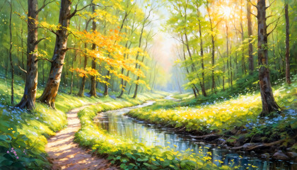 Fototapeta premium A serene valley with a charming stream running surrounded by trees. Beautiful pink flowers along the banks give comfort and a summer mood.