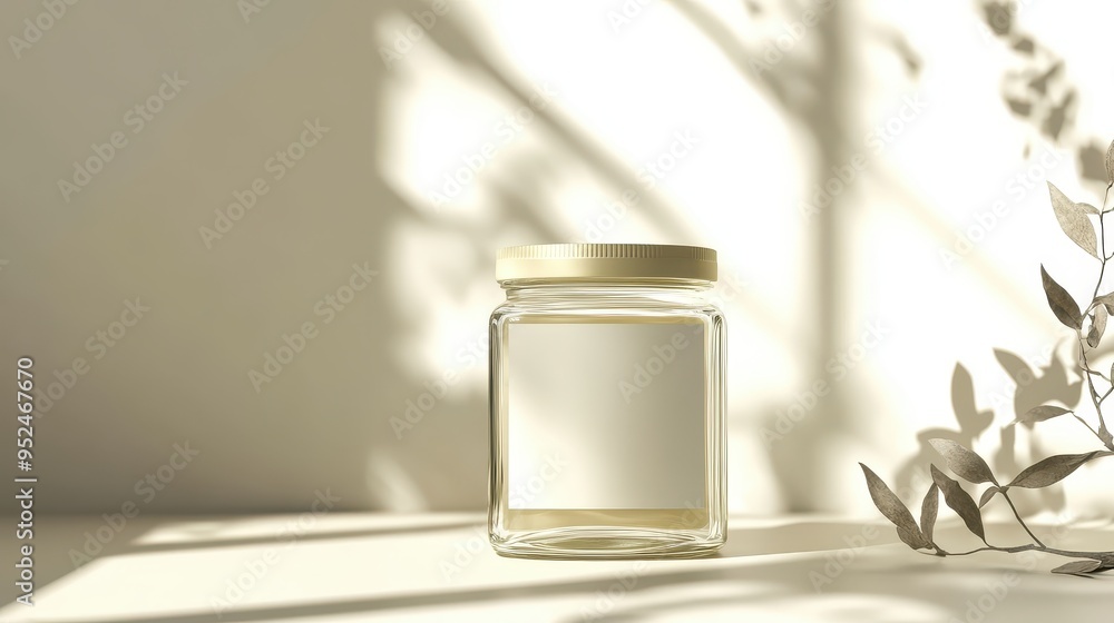 Poster elegant square glass jar mockup with blank label in realistic environment with soft reflections
