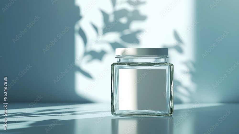 Poster elegant square glass jar mockup with blank label in realistic environment with soft reflections