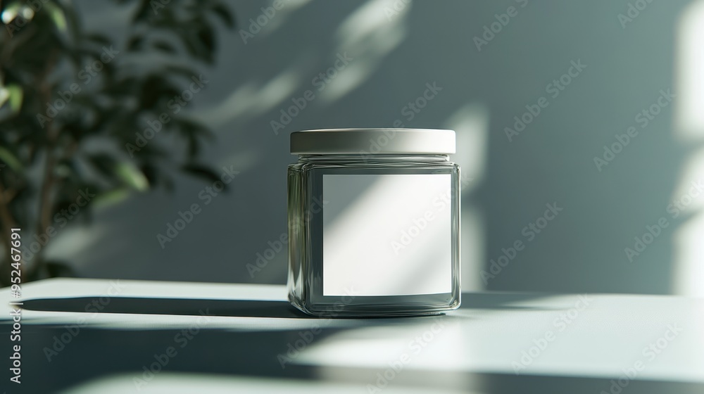 Poster elegant square glass jar mockup with blank label in realistic environment with soft reflections