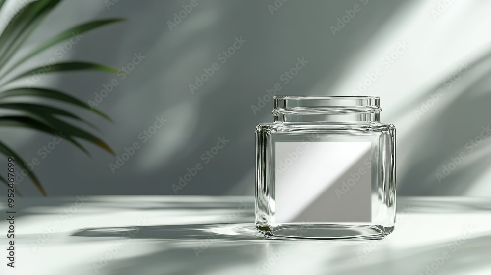 Poster elegant square glass jar mockup with blank label in realistic environment with soft reflections