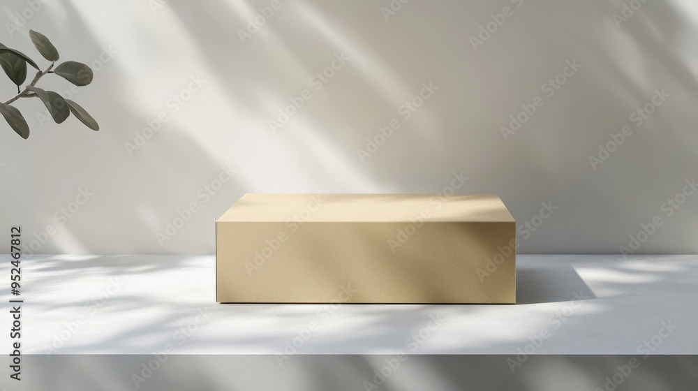 Aufkleber minimalist rectangular cardboard box mockup with blank label for branding in soft shadows