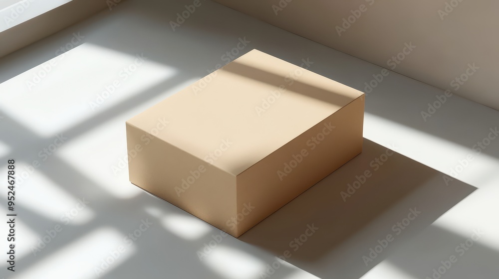 Aufkleber minimalist rectangular cardboard box mockup with blank label for branding in soft shadows