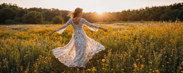 A woman in a white floral dress dances in a field of yellow flowers, the sun setting behind her in the background.
