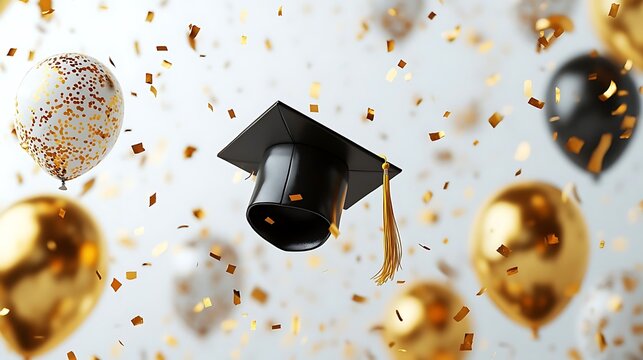 Graduation Cap With Confetti And Balloons 3D Illustration