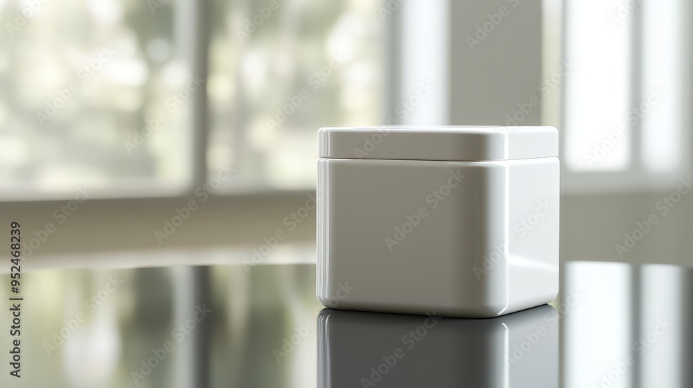 Poster minimalistic blank square plastic container mockup with soft lighting and shadows on reflective surf