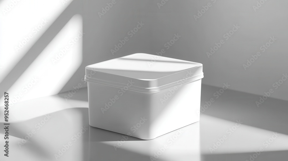 Poster minimalistic blank square plastic container mockup with soft lighting and shadows on reflective surf