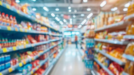 Blurred background. Aisle View of a Vibrantly Colorful Grocery Store Showcasing Shelves Filled with Products
