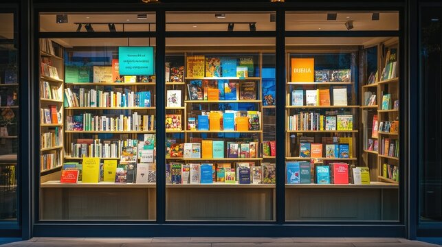 A creative window display in a bookstore featuring bestsellers and colorful signage, attracting passersby