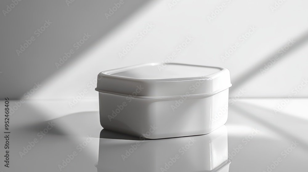 Poster clean square plastic container mockup with blank label on reflective surface in soft lighting and sh