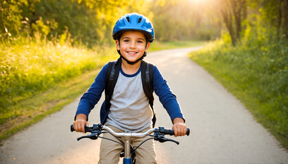 Naklejka premium A young boy wearing a helmet smiles as she bikes along a path through a forest.