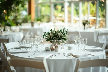 A table setting with white tablecloth, flowers, and glasses. Perfect for wedding receptions, parties, or other formal events.