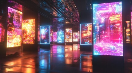 A futuristic digital art gallery with holographic displays, showcasing vibrant 3D artwork floating in space