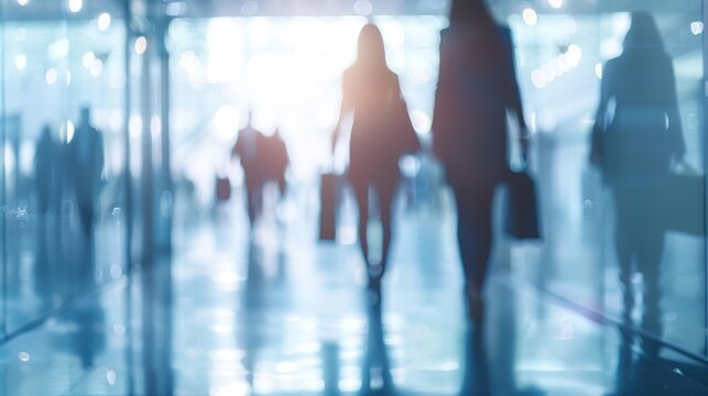 Blurred background. Silhouettes of Busy Professionals Navigating Through an Airport Corridor Filled with Activity - Powered by Adobe