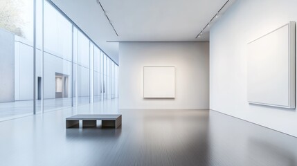 Fototapeta premium Minimalist Gallery Interior with Empty Picture Frames and a Bench