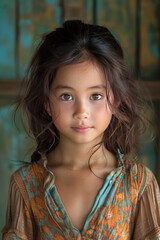 Obraz premium A joyful 5-year-old Thai girl with radiant innocence, her Southeast Asian features and vibrant expression in focus, set against a softly blurred background.