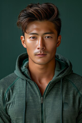 Fototapeta premium Handsome Thai hi-tech athlete doing sports wearing sportswear on a green background