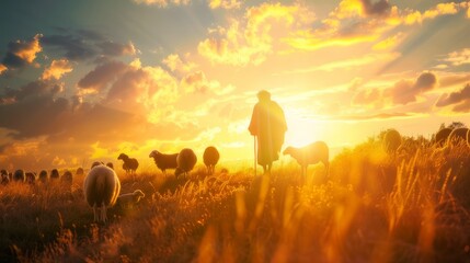 Shepherd Jesus Christ leading the flock and praying to Jehovah God and bright light sun and Jesus silhouette background in the field