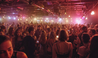 A lively crowd enjoys a night out, dancing and socializing in a vibrant nightclub filled with colorful lights and an energetic atmosphere.