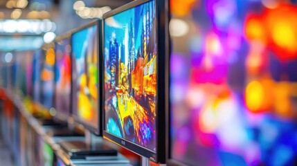 A row of televisions in an electronics store, each displaying different vibrant images to showcase their quality