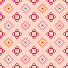 Seamless floral pattern with geometric diamonds. Pink and magenta flowers on light background. Retro style textile design. Elegant pattern for fabric, wallpaper, or scrapbooking. Vintage inspired.