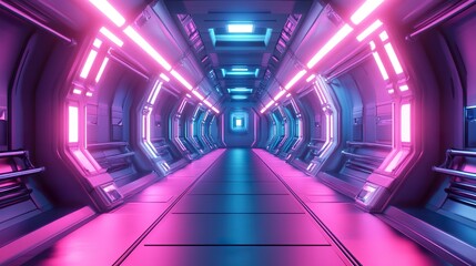 3D render of a futuristic corridor with neon lights, a spaceship interior, and a blue and pink color scheme