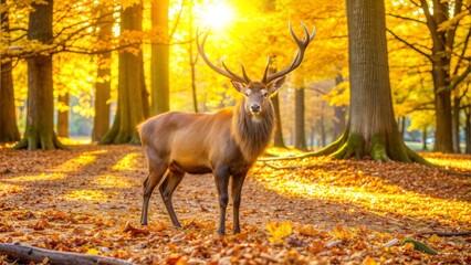 Majestic stag in a golden autumn forest at sunrise, serene wildlife scene