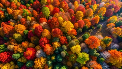 Aerial view of vibrant autumn forest with colorful treetops, scenic nature landscape