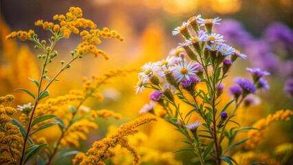 Golden autumn wildflowers in soft sunlight, serene nature close-up © Olga