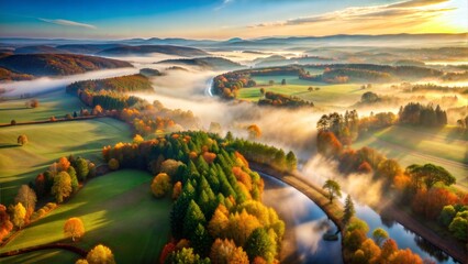 Obraz premium Aerial view of misty autumn landscape with winding river and colorful trees, serene nature scene