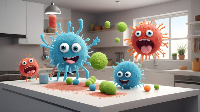 funny 3D cartoons of microorganism bacteria ,viruses germs in the kitchen 
