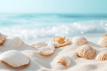 Beach scene featuring beach sand and seashells with blue wave and blue sky.