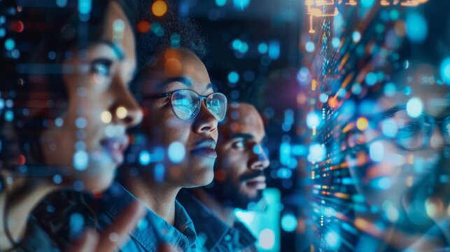 A Diverse Team Collaborating to Analyze Data Insights in a HighTech, Innovative Environment