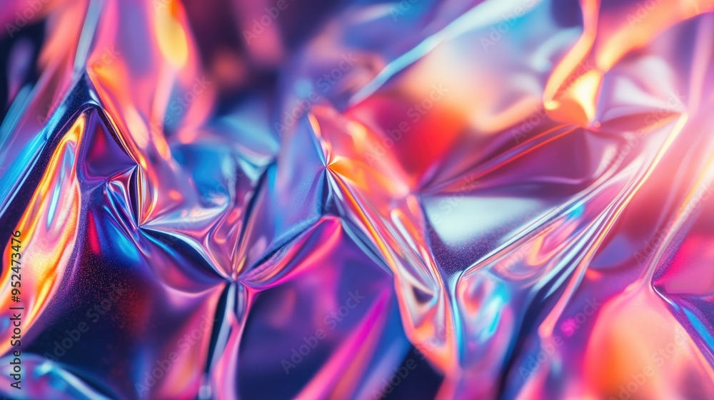 Poster a close-up of a holographic foil design, reflecting light in various colors and adding a futuristic 